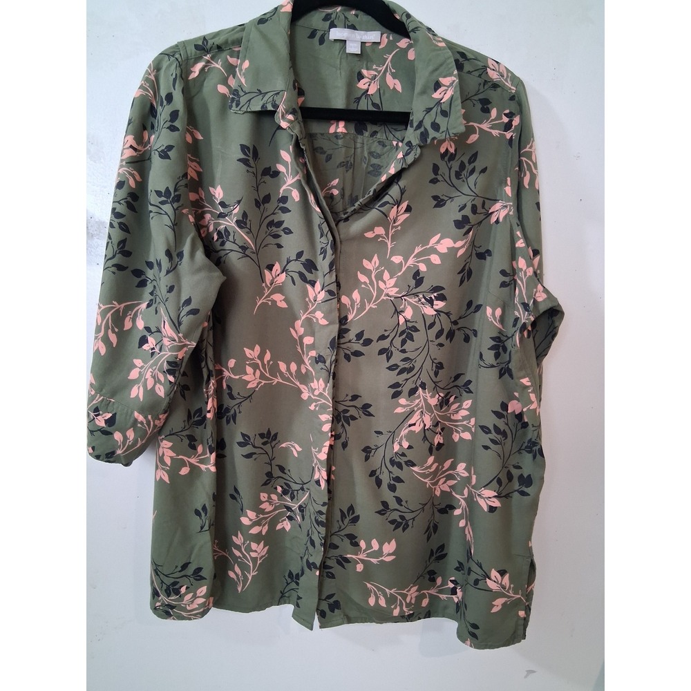 Woman Within Olive Green Pink Floral Rayon Button Up Blouse Plus Size 18/20 L